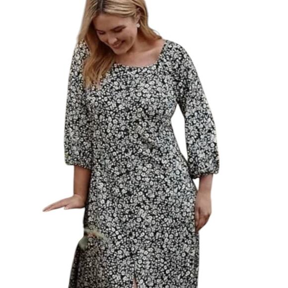 J.Jill White Floral Square Neck Black Button Down Midi Dress - Picture 2 of 12